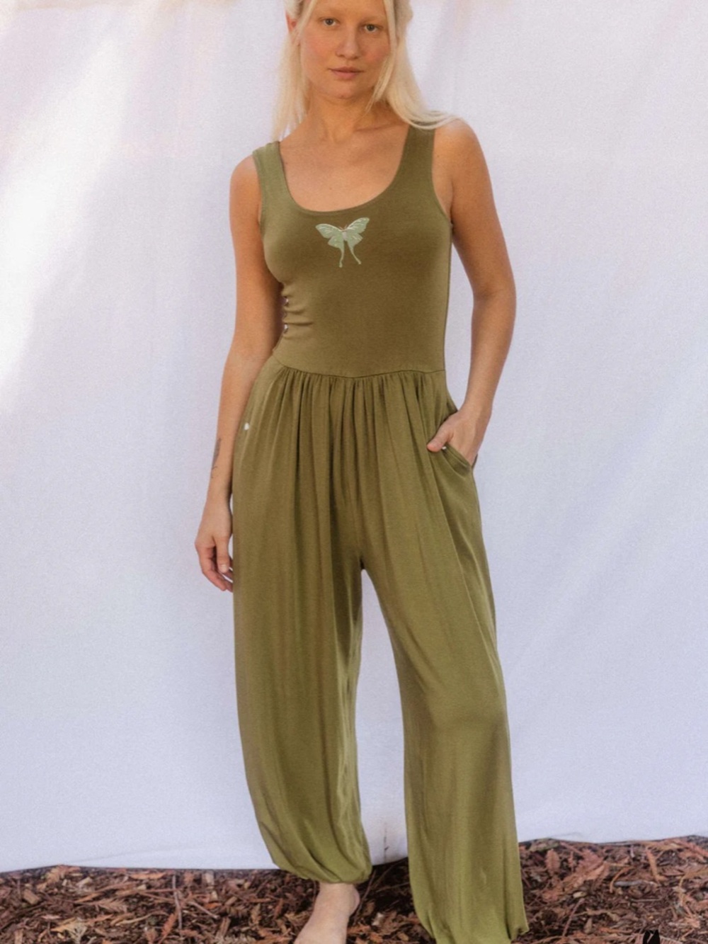 PURUSHA PEOPLE Lunar Moth Olive Green Genie Jumpsuit